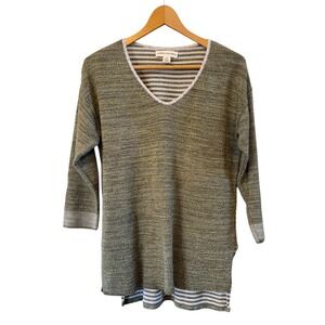 Cotton Country Canada Wmns Olive Green/White Knit V-Neck 3/4 Sleeve Sweater S